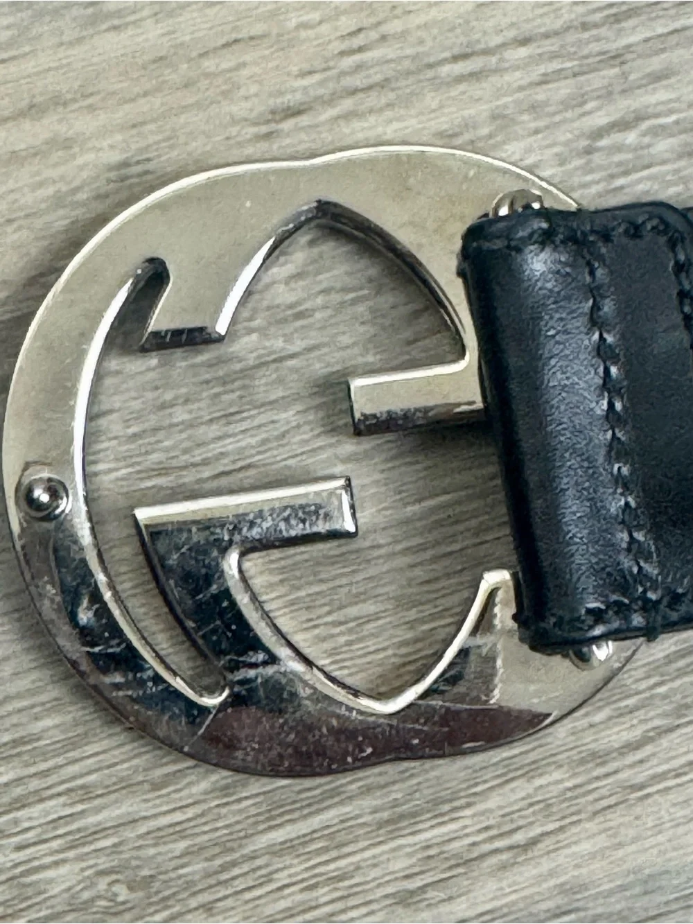 Gucci Interlocking G Black Leather Belt Silver Buckle Size 95/38